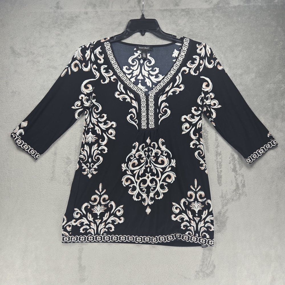 White House Black Market Women's Elegant Black and White Tunic Sz Medium